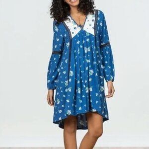 Matilda Jane Day Trippin Blue Floral Tunic Peasant Boho Mini Dress Size M